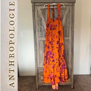 Anthropologie Bright Orange Dress with Purple Floral Design